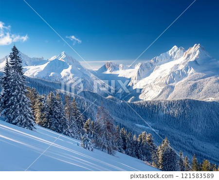 Snowy mountains in winter 121583589