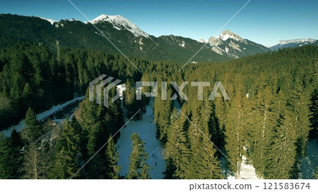 Aerial view of Col de Porte ski resort in Chartreuse mountain range close to Chamechaude in winter, French Alps 121583674