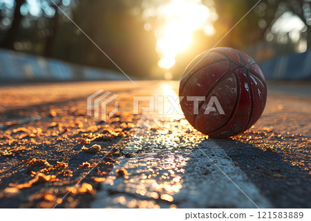 basketball ball on the road against the backdrop of sunset. sports equipment 121583889