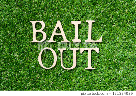 Wood alphabet letter in word bail out on artificial green grass background 121584089