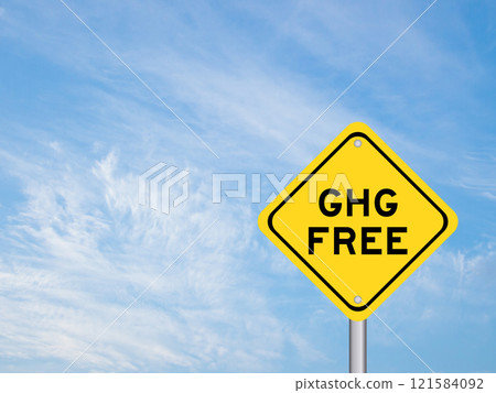 Yellow transportation sign with word GHG (Abbreviation of greenhouse gas) free on blue color sky background Yellow transportation sign with word GHG (Abbreviation of greenhouse gas) free on blue color sky background 121584092