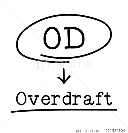 Letter of abbreviation OD in circle and word overdraft on white background 121584104