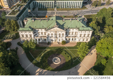 Krasinski Palace and National Library in Warsaw, Poland, view from above with green park 121584456