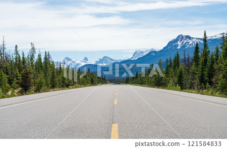 Icefields Parkway (Alberta Highway 93) in Jasper National Park, Alberta, Canada. Canadian Rockies summer landscape. Icefields Parkway (Alberta Highway 93) in Jasper National Park, Alberta, Canada. Canadian Rockies summer landscape. 121584833