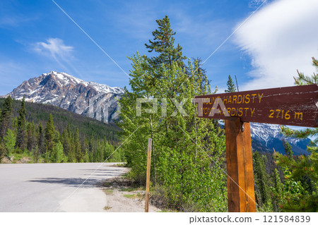 Sign of Mount Hardisty at Athabasca Pass Lookout in Jasper National Park, Alberta, Canada. Canadian Rockies summer landscape. Sign of Mount Hardisty at Athabasca Pass Lookout in Jasper National Park, Alberta, Canada. Canadian Rockies summer landscape. 121584839