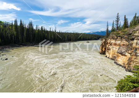 Athabasca river near Athabasca Falls. Jasper National Park, Alberta, Canada. Canadian Rockies summer landscape. 121584858