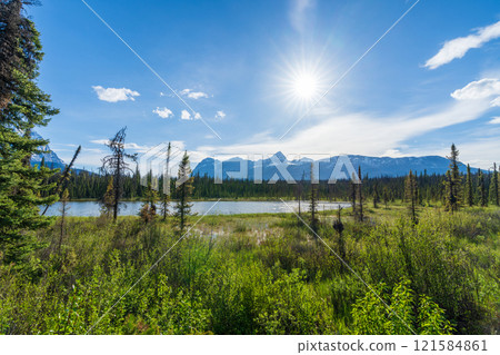 Leach Lake in Jasper National Park. Alberta, Canada. Canadian Rockies summer landscape. Leach Lake in Jasper National Park. Alberta, Canada. Canadian Rockies summer landscape. 121584861