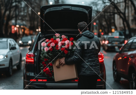 Man loading car trunk with large bouquet of pink and red roses on city street during dusk. Man loading car trunk with large bouquet of pink and red roses on city street during dusk. 121584953