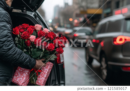Person unloading bouquet of red and pink roses with gift bag from car trunk on rainy city street. 121585017