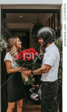 Smiling couple at doorway, man in helmet offering bouquet of red roses to his beloved girl. Surprise and emotions. 121585018