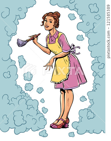 Housewife woman cleaning dust with a brush. Sale of cleaning products and services. Cleaning of public spaces. 121585389