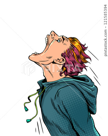 Pop Art Retro The man is very hungry. The guy is jumping with his mouth open. Advertising of food and fast food. 121585394