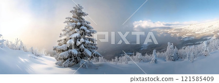 Serene winter landscape banner features single snow-covered evergreen tree standing tall amidst vast expanse of white snow under cloudy sky, for greeting card, advertising winter tourism, promotion. 121585409