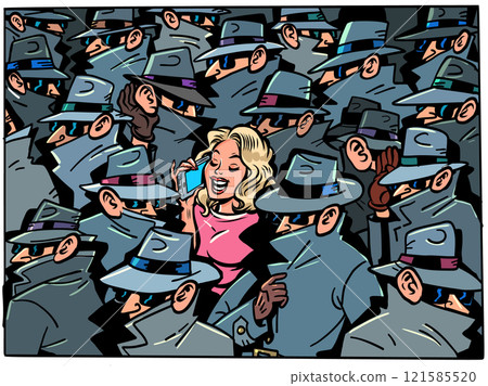 Security of personal data and information. Government surveillance of its citizens. Scammers and detectives listen to a woman on the phone. 121585520