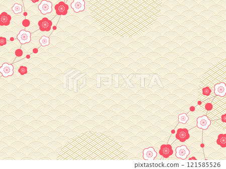 日式和紙新年賀卡背景材料1 盛開的李子和桃子 121585526