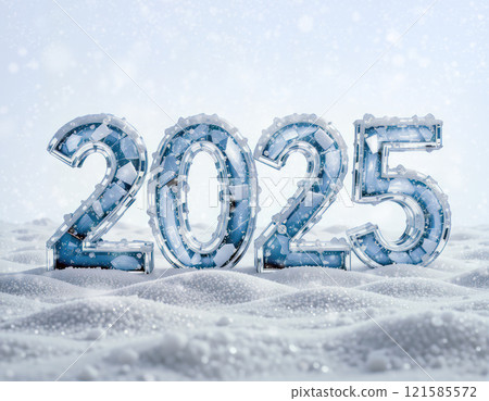 Frosted Glass 2025 Numbers on a Snowy Winter Wonderland Background Frosted Glass 2025 Numbers on a Snowy Winter Wonderland Background 121585572