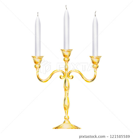 Watercolor isolated clipart of elegant gold candelabra with three white candles, candlestick with candles. Perfect for weddings, event decor, romantic dinners, Valentine's Day, Christmas 121585589