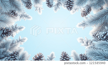 Winter blue background with pine branches and cones frame 121585940