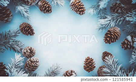 Winter beautiful background with pine branches and frame 121585941