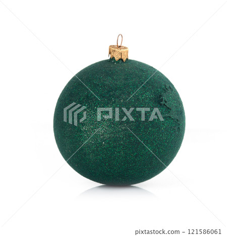Green glittery Christmas bauble with a golden cap, isolated on a white background Green glittery Christmas bauble with a golden cap, isolated on a white background 121586061