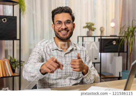 Businessman programmer software developer pointing to camera making choice happy expression approve Businessman programmer software developer pointing to camera making choice happy expression approve 121586115