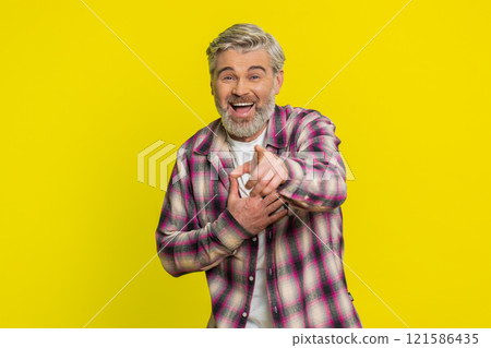 Mature man surprised scream leading to sudden laughter, rapid emotional shift comedic outburst 121586435