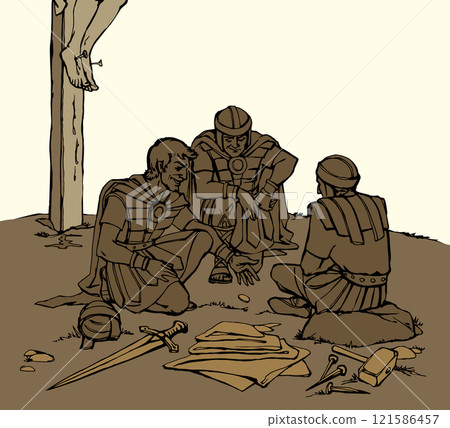 Vector drawing. Soldiers at the cross. 121586457