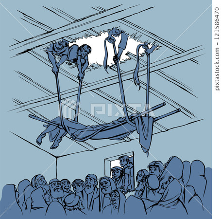 Vector drawing. The men dug up the roof to let the sick man in on a stretcher. 121586470