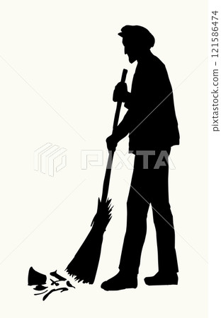 Vector Drawing. Janitor sweeping with a broom 121586474