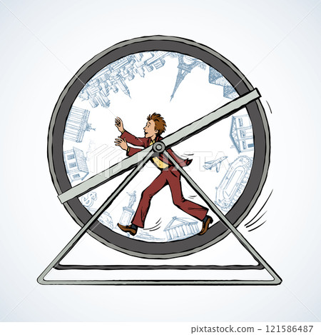 Man running in a running wheel. Vector icon 121586487