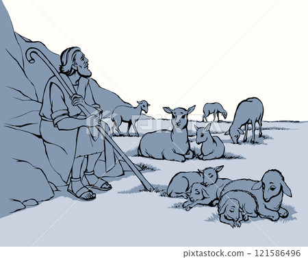 Vector drawing. Shepherd with sheep Vector drawing. Shepherd with sheep 121586496