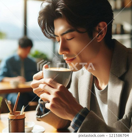 工作時喝咖啡休息：男人喝卡布奇諾 121586704