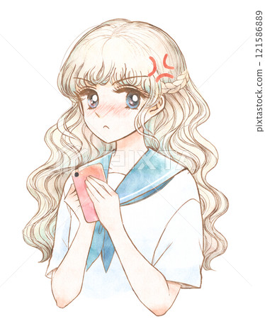 Retro illustration of a blonde beautiful girl with a smartphone getting angry 121586889