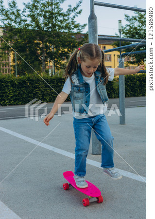 cute girl in a pink helmet rides a skateboard cute girl in a pink helmet rides a skateboard 121586980