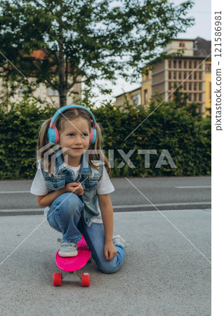 kid girl playing surf skate or skateboard in headphones kid girl playing surf skate or skateboard in headphones 121586981