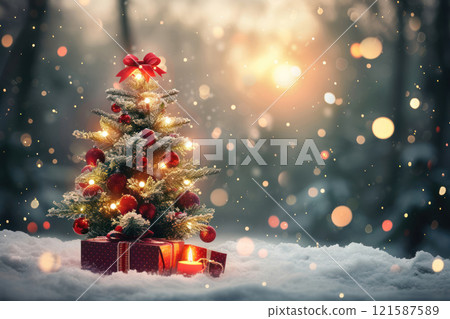Decorated Christmas tree in snow glows with gifts as gentle snowflakes fall at twilight. 121587589