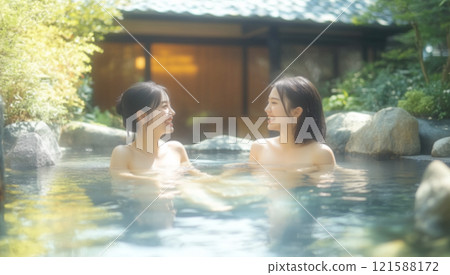 Two female friends having a pleasant conversation in the open-air bath at a hot spring inn. Young Japanese women bathing Two female friends having a pleasant conversation in the open-air bath at a hot spring inn. Young Japanese women bathing 121588172