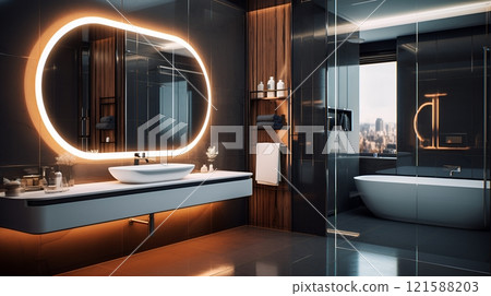 Modern Bathroom with Oval Mirror and Bathtub Modern Bathroom with Oval Mirror and Bathtub 121588203