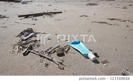 浮木和垃圾被沖上海灘 浮木和垃圾被沖上海灘 121588688