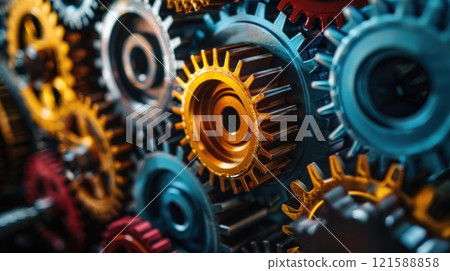 A close up of a bunch of gears with one of them being yellow A close up of a bunch of gears with one of them being yellow 121588858