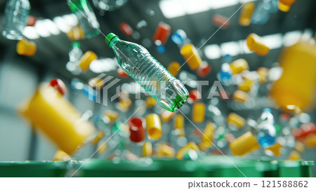 Recycling plastic bottles and containers in motion, showcasing environmental impact 121588862