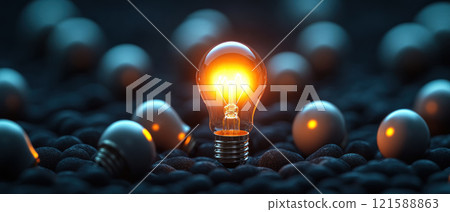 A glowing light bulb stands out among dark spheres, symbolizing creativity and inspiration. 121588863