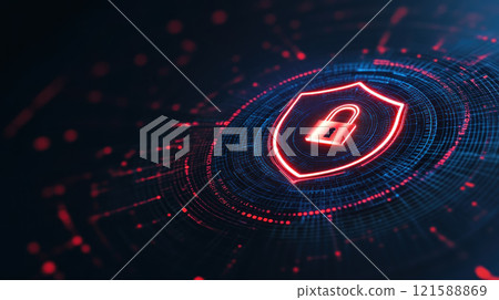A glowing lock icon surrounded by shield symbolizes digital security 121588869