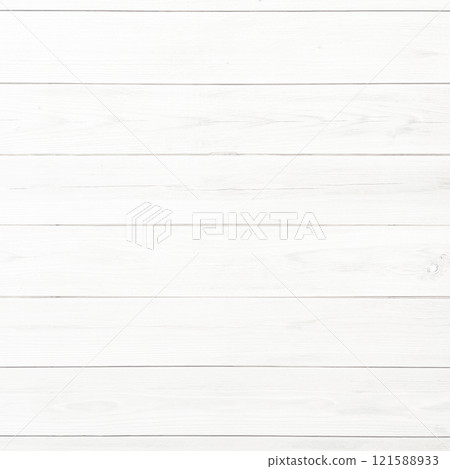 A square background image of white planks with wood grain arranged horizontally 121588933