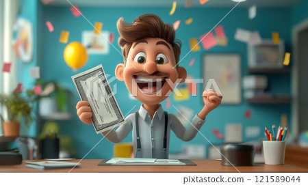 Happy employee celebrating with paycheck in colorful office setting. joyful expression and festive atmosphere highlight moment of success. 121589044
