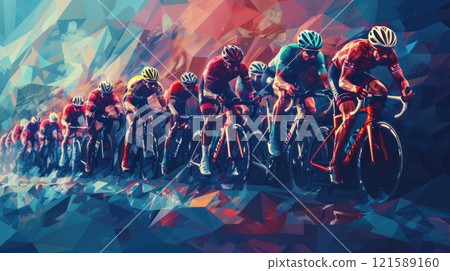 A group of cyclists are racing on a course with abstract background 121589160
