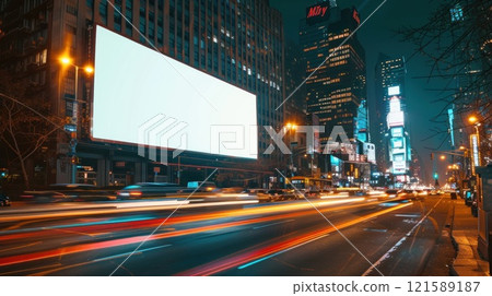 A city street at night with a large billboard in the background 121589187