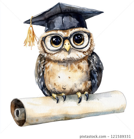Watercolor depiction of wise owl with glasses and graduation cap, symbolizing knowledge and achievement, perched on diploma scroll 121589331