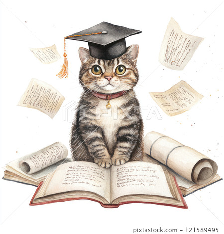 Clever tabby cat with graduation cap surrounded by open books and rolled certificates, playful and scholarly in clipart style 121589495