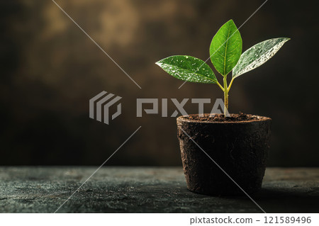 Growing plant with coin leaves symbolizes business growth and financial success, representing hope and prosperity in dark setting Growing plant with coin leaves symbolizes business growth and financial success, representing hope and prosperity in dark setting 121589496